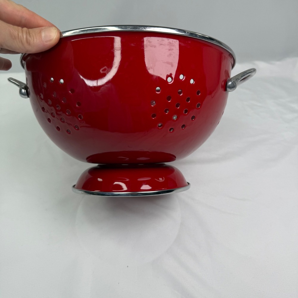 Red Enamel Colander Footed Strainer with Chrome Handles 9.5 Inch Kitchen Decor